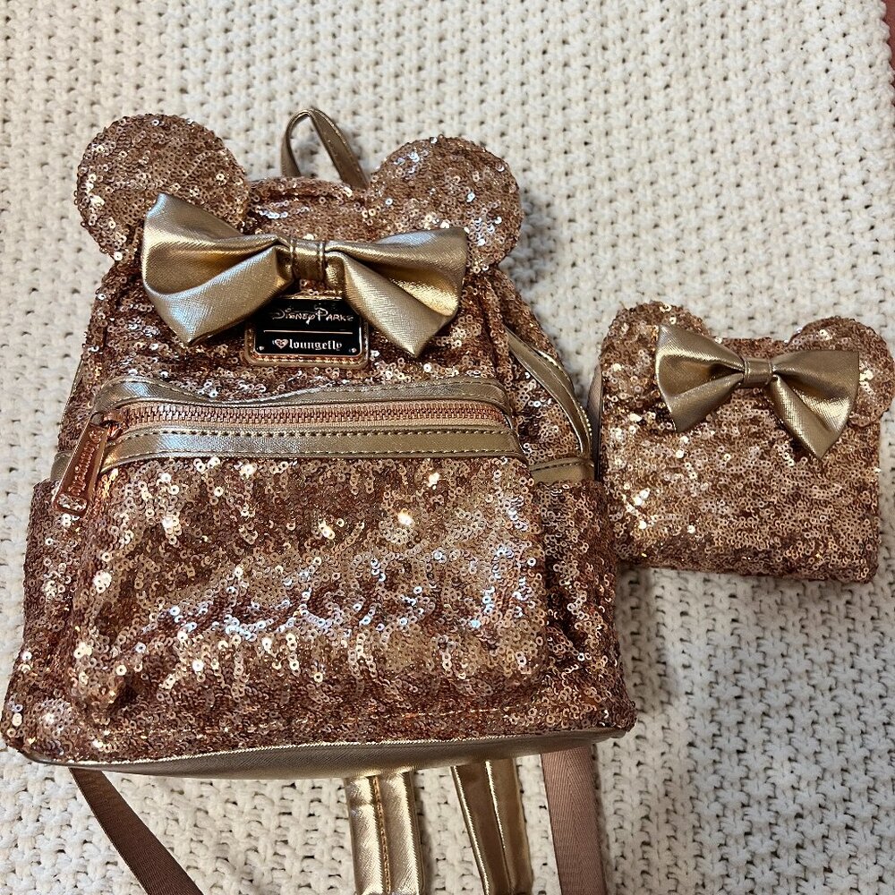 Disney Parks Rose Gold Loungefly Backpack and Wallet